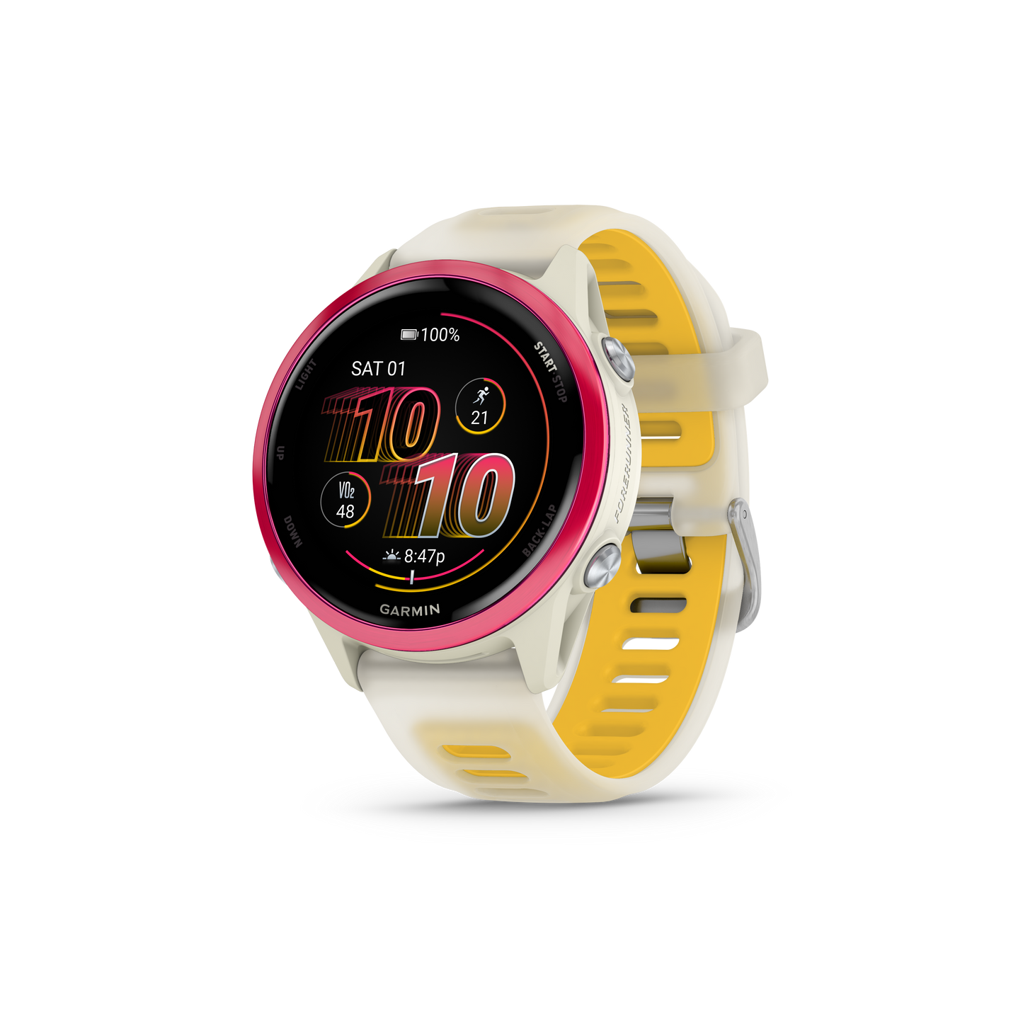 NEW Forerunner 570 - 42mm Aluminium rose avec bracelet ivoire translucide/orange