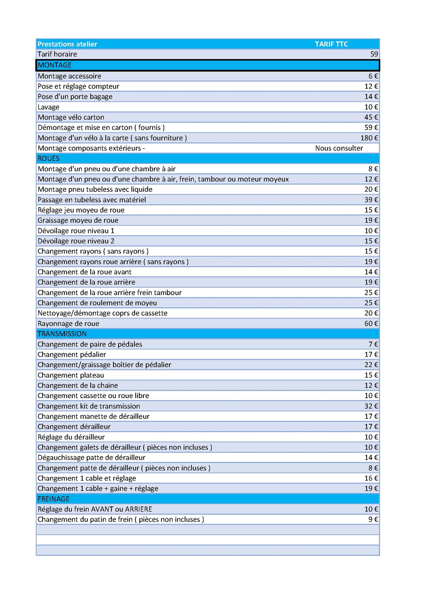 NOS TARIFS ATELIER