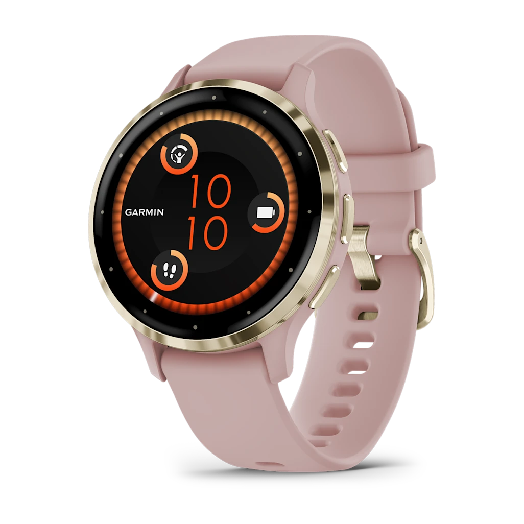 Montre de Sport Garmin Venu 3S boîtier acier inoxydable Soft Gold avec boîtier et bracelet en silicone rose poudré