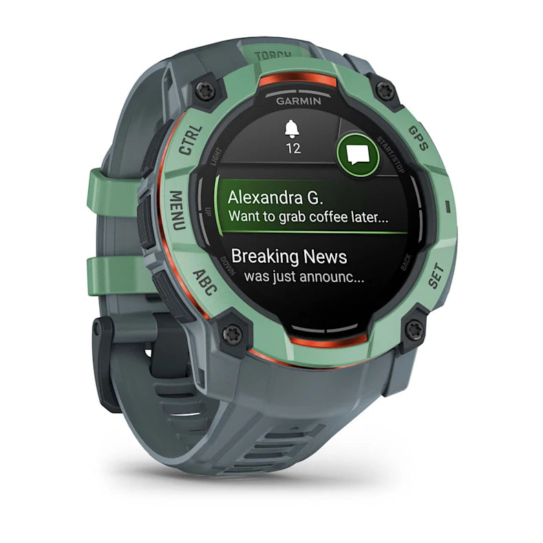 Montre GPS Garmin Instinct 3 AMOLED - 50 mm Vert d'eau avec bracelet bleu crépuscule