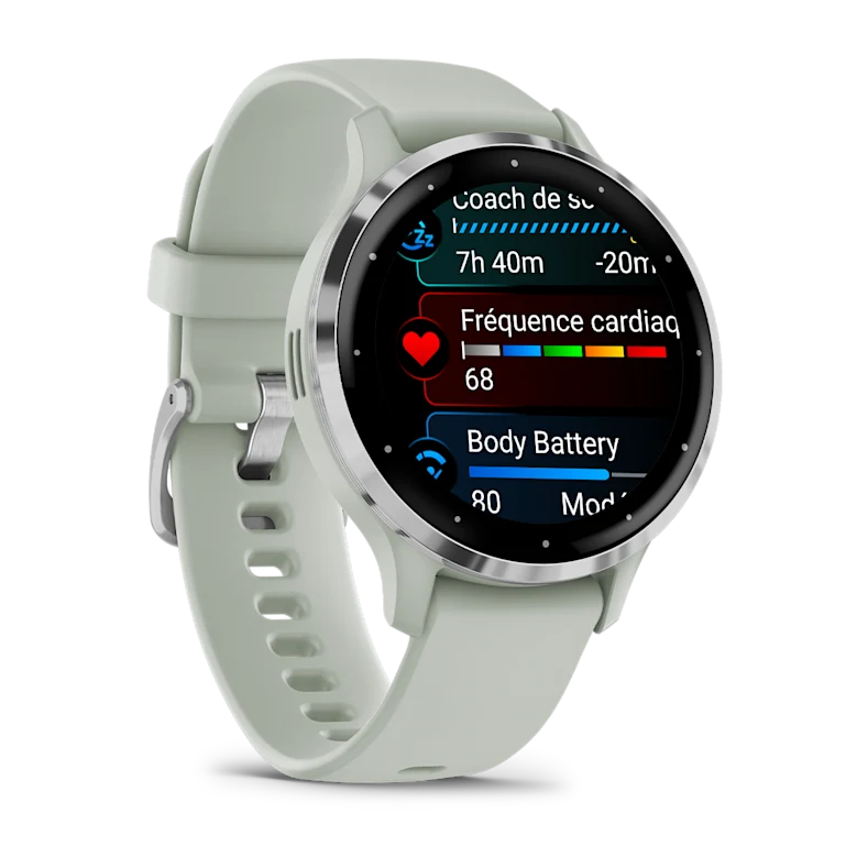 Montre de Sport Garmin Venu 3S boîtier acier inoxydable et bracelet en silicone vert sauge