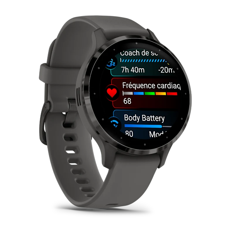 Montre de Sport Garmin Venu 3S boîtier acier inoxydable gris foncé et bracelet en silicone gris foncé