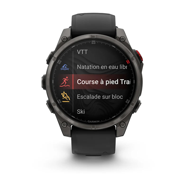 Montre GPS Garmin fēnix® 8 Pro – 47 mm, AMOLED Sapphire, Titane Carbon Gray DLC avec bracelet en silicone noir/gris galet
