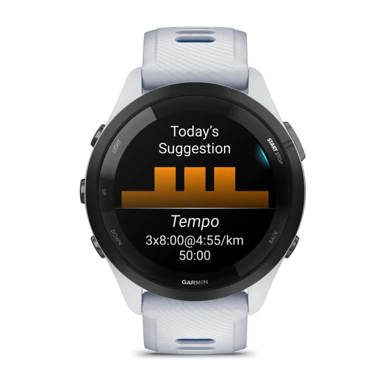 Forerunner® 265 blanche avec bracelet en silicone blanc/bleu