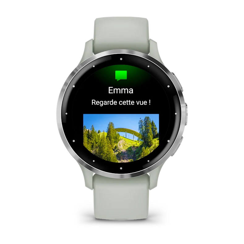Montre de Sport Garmin Venu 3S boîtier acier inoxydable et bracelet en silicone vert sauge