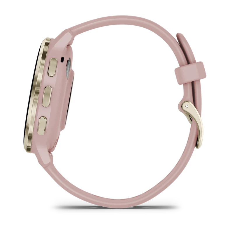 Montre de Sport Garmin Venu 3S boîtier acier inoxydable Soft Gold avec boîtier et bracelet en silicone rose poudré