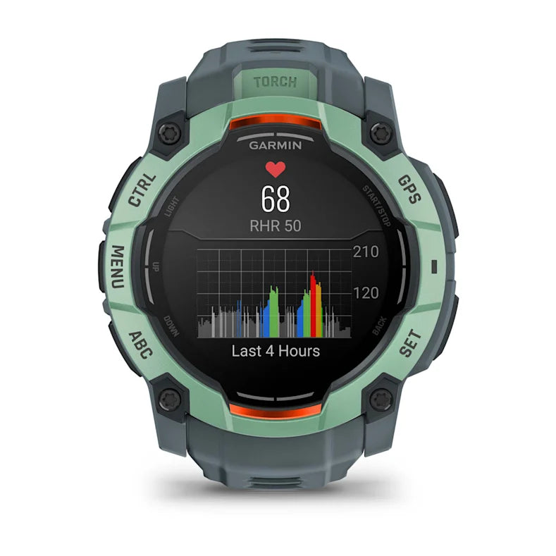Montre GPS Garmin Instinct 3 AMOLED - 50 mm Vert d'eau avec bracelet bleu crépuscule