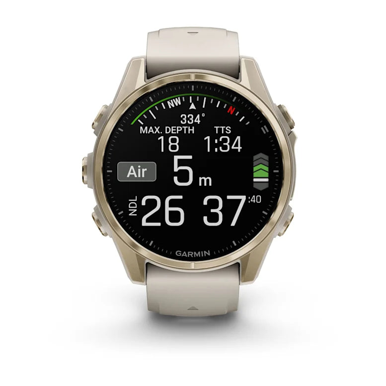 Montre GPS Garmin Fénix 8 AMOLED - 43 mm Sapphire Titane Soft Gold avec Bracelet en Silicone Gris Beige