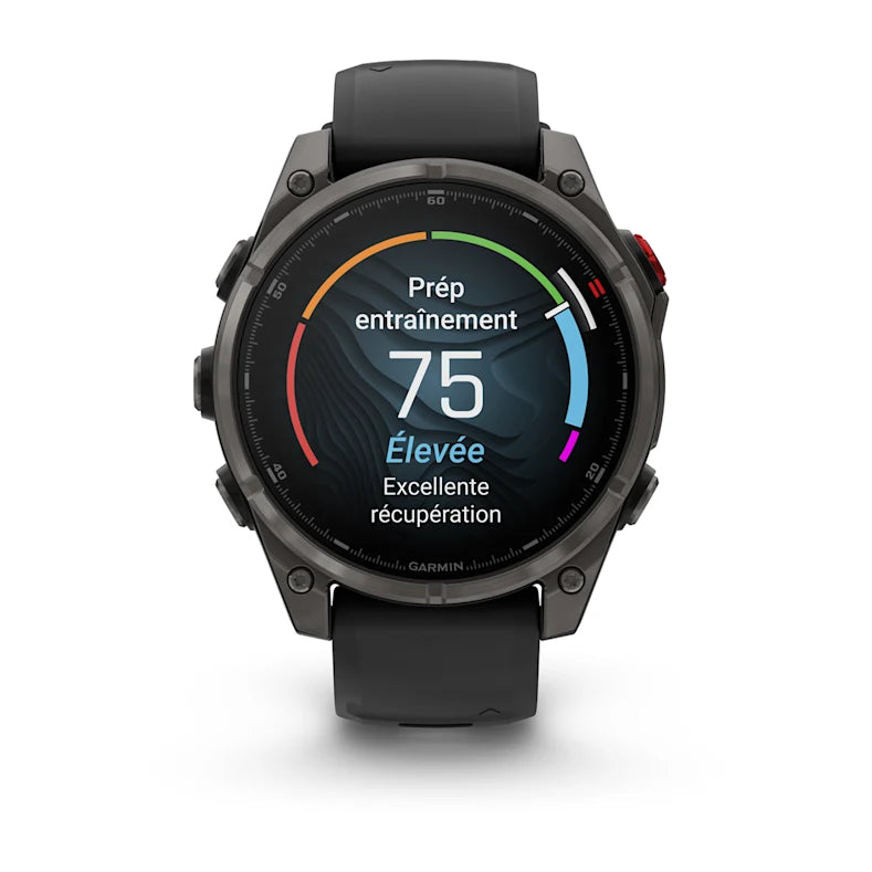 Montre GPS Garmin fēnix® 8 Pro – 47 mm, AMOLED Sapphire, Titane Carbon Gray DLC avec bracelet en silicone noir/gris galet
