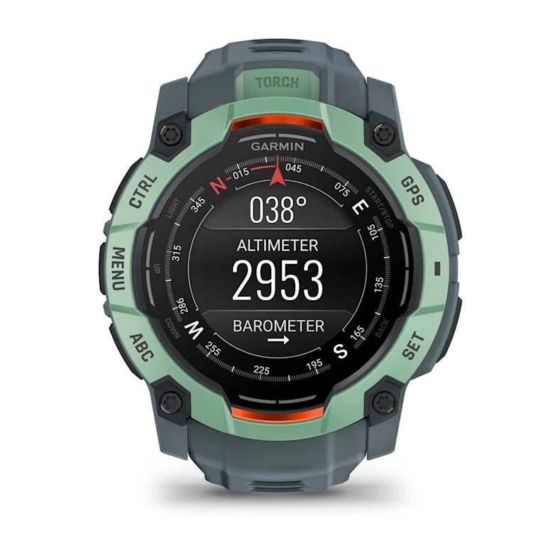 Montre GPS Garmin Instinct 3 AMOLED - 50 mm Vert d'eau avec bracelet bleu crépuscule