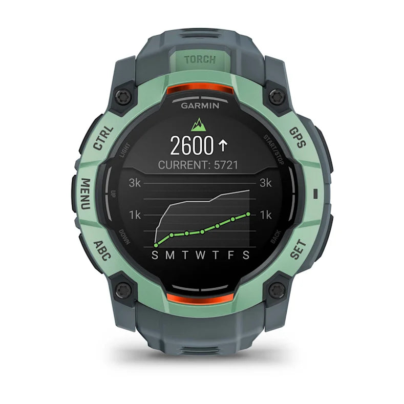 Montre GPS Garmin Instinct 3 AMOLED - 50 mm Vert d'eau avec bracelet bleu crépuscule