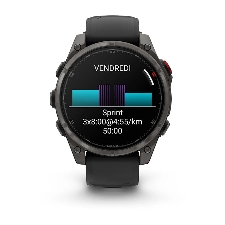 Montre GPS Garmin fēnix® 8 Pro – 47 mm, AMOLED Sapphire, Titane Carbon Gray DLC avec bracelet en silicone noir/gris galet