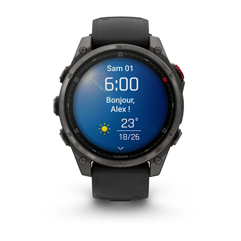 Montre GPS Garmin fēnix® 8 Pro – 47 mm, AMOLED Sapphire, Titane Carbon Gray DLC avec bracelet en silicone noir/gris galet
