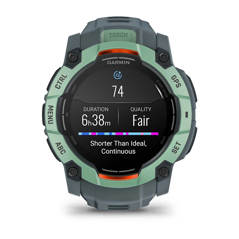 Montre GPS Garmin Instinct 3 AMOLED - 50 mm Vert d'eau avec bracelet bleu crépuscule