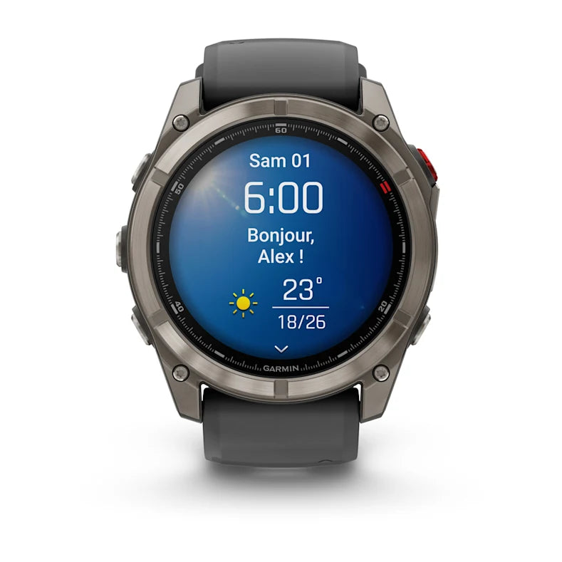 Montre GPS Garmin fēnix® 8 Pro – 51 mm, AMOLED Sapphire, Titane Carbon Gray DLC avec bracelet en silicone noir/gris galet (Copie)