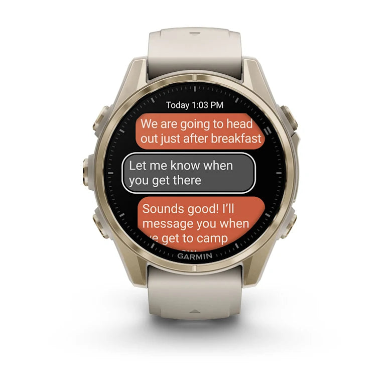 Montre GPS Garmin Fénix 8 AMOLED - 43 mm Sapphire Titane Soft Gold avec Bracelet en Silicone Gris Beige