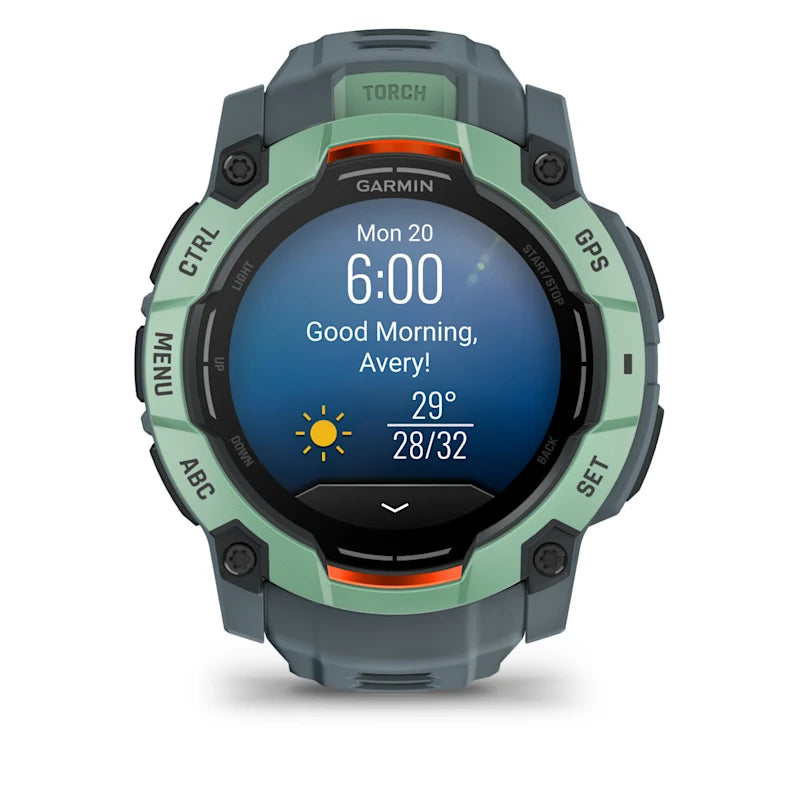 Montre GPS Garmin Instinct 3 AMOLED - 50 mm Vert d'eau avec bracelet bleu crépuscule