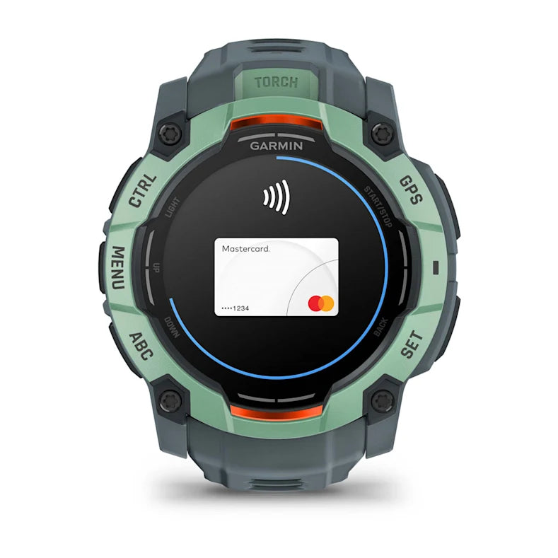 Montre GPS Garmin Instinct 3 AMOLED - 50 mm Vert d'eau avec bracelet bleu crépuscule