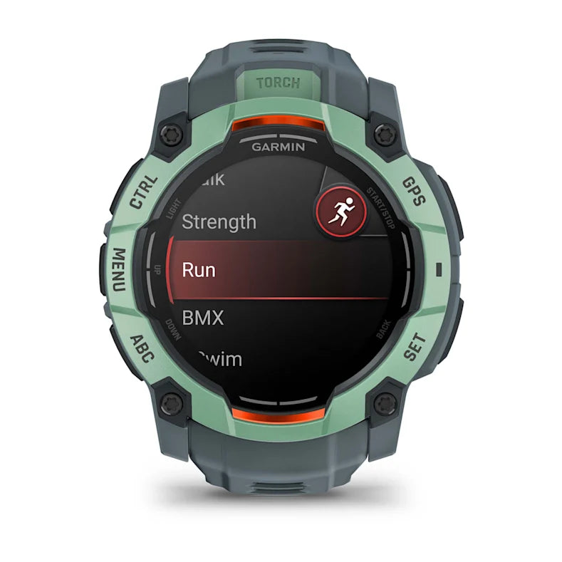 Montre GPS Garmin Instinct 3 AMOLED - 50 mm Vert d'eau avec bracelet bleu crépuscule