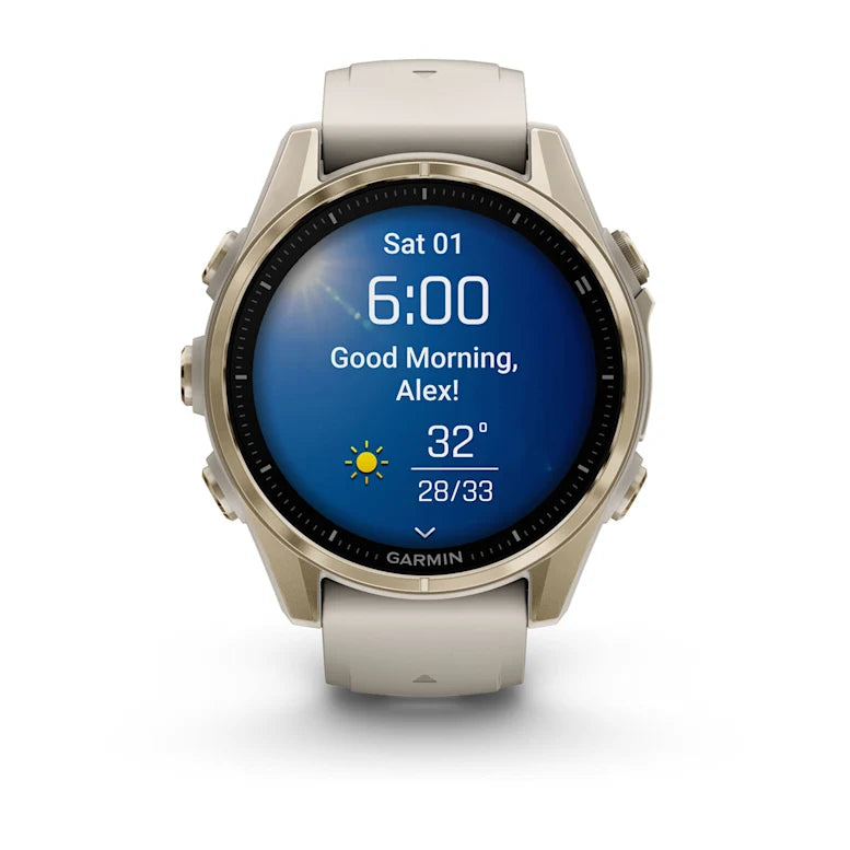 Montre GPS Garmin Fénix 8 AMOLED - 43 mm Sapphire Titane Soft Gold avec Bracelet en Silicone Gris Beige
