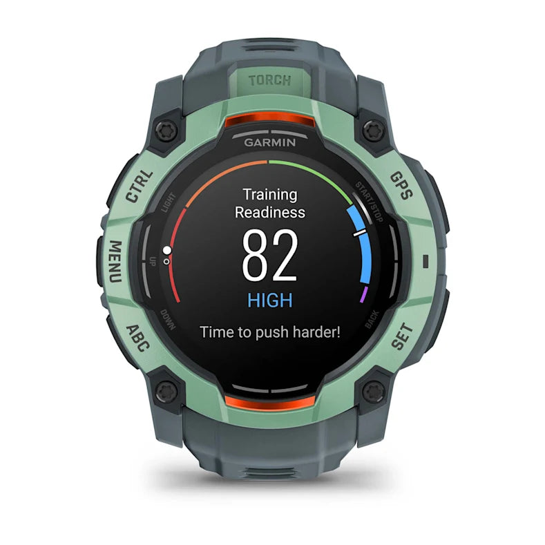 Montre GPS Garmin Instinct 3 AMOLED - 50 mm Vert d'eau avec bracelet bleu crépuscule