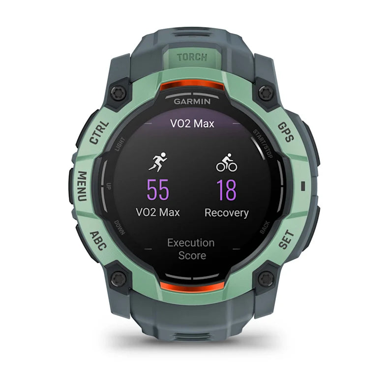Montre GPS Garmin Instinct 3 AMOLED - 50 mm Vert d'eau avec bracelet bleu crépuscule
