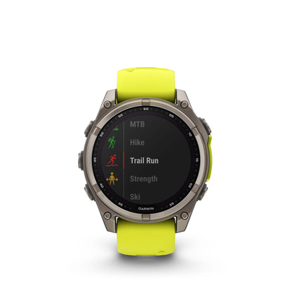Montre GPS Garmin Fénix 8 Solar - 47 mm Sapphire Titane Carbon Gray DLC avec Bracelet en Silicone Jaune Graphite