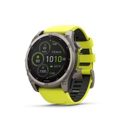 Montre GPS Garmin fēnix® 8 – 51 mm, Solar, Sapphire Sapphire, Titanium avec bracelet en silicone jaune/graphite