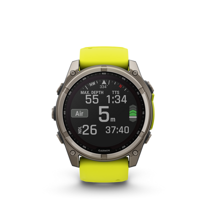 Montre GPS Garmin fēnix® 8 – 51 mm, Solar, Sapphire Sapphire, Titanium avec bracelet en silicone jaune/graphite