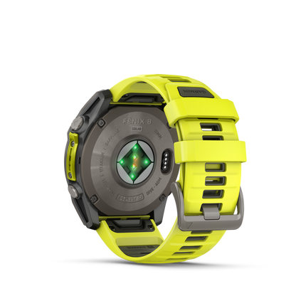 Montre GPS Garmin fēnix® 8 – 51 mm, Solar, Sapphire Sapphire, Titanium avec bracelet en silicone jaune/graphite