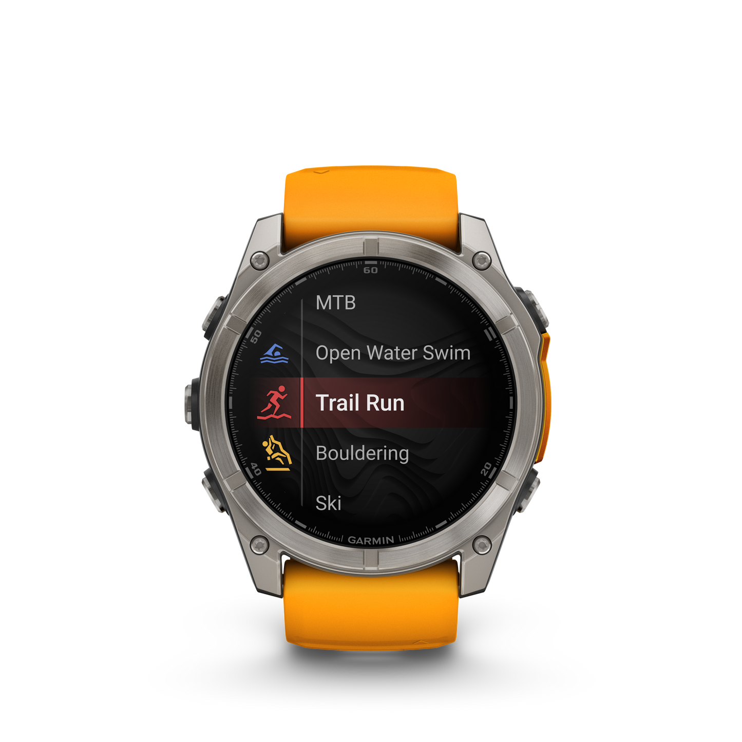 Montre GPS Garmin Fénix 8 AMOLED - 51 mm Sapphire Titane avec Bracelet en Silicone Orange Graphite