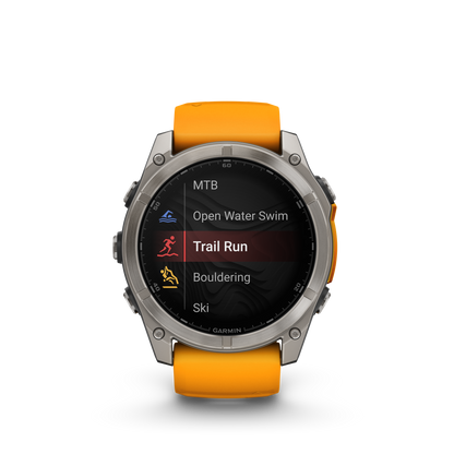 Montre GPS Garmin Fénix 8 AMOLED - 51 mm Sapphire Titane avec Bracelet en Silicone Orange Graphite