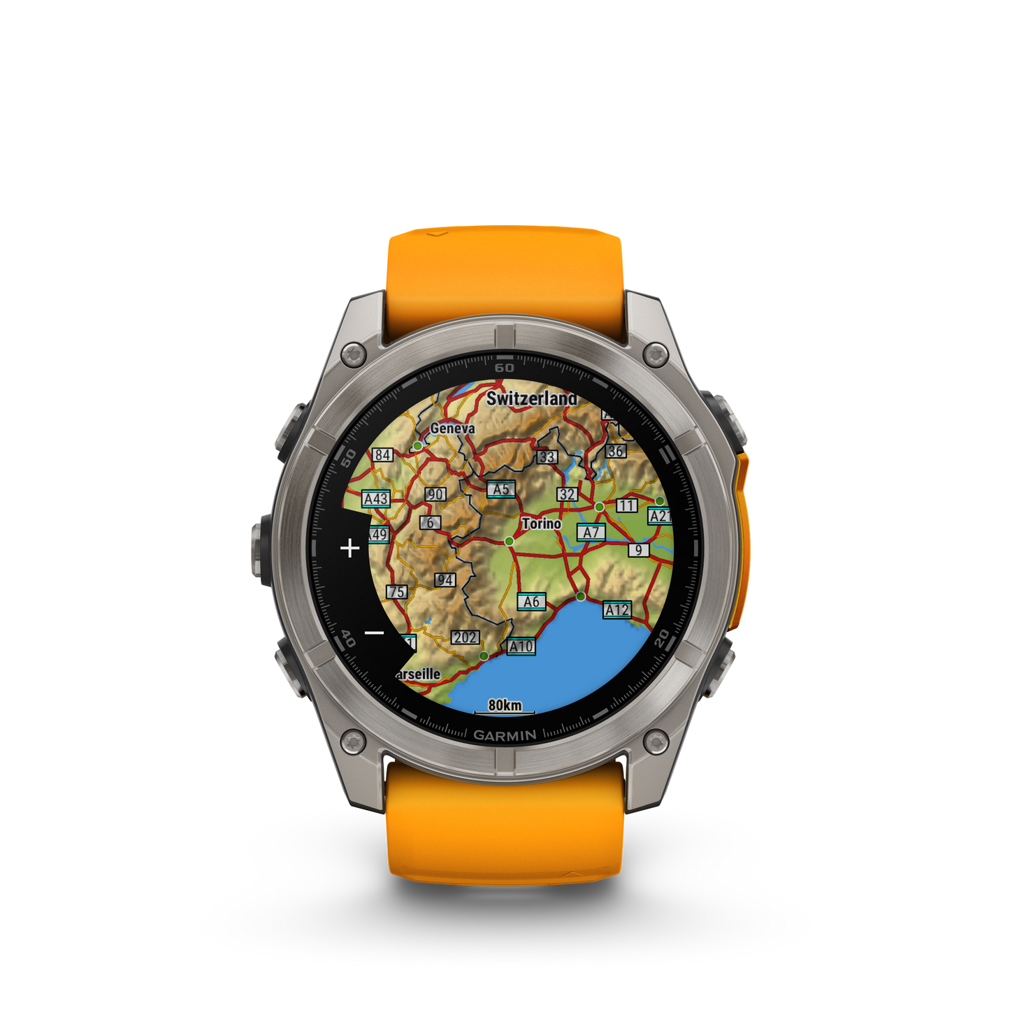 Montre GPS Garmin Fénix 8 AMOLED - 51 mm Sapphire Titane avec Bracelet en Silicone Orange Graphite