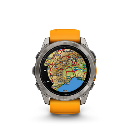 Montre GPS Garmin Fénix 8 AMOLED - 51 mm Sapphire Titane avec Bracelet en Silicone Orange Graphite
