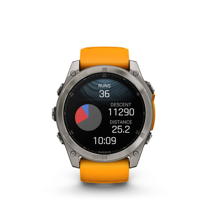 Montre GPS Garmin Fénix 8 AMOLED - 51 mm Sapphire Titane avec Bracelet en Silicone Orange Graphite