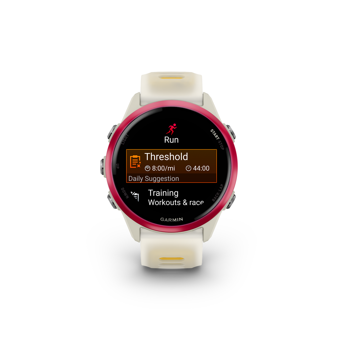 NEW  Forerunner 570 - 42mm Aluminium rose avec bracelet ivoire translucide/orange