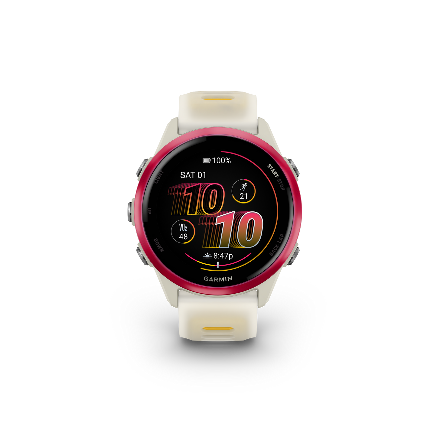 NEW  Forerunner 570 - 42mm Aluminium rose avec bracelet ivoire translucide/orange