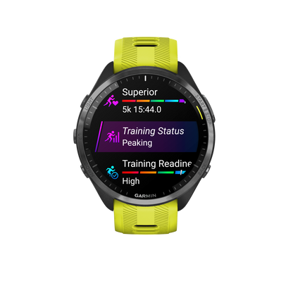 Forerunner® 965 noire avec lunette en titane et bracelet en silicone jaune vif/noir