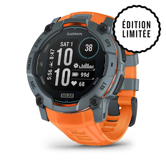 Montre GPS Garmin Instinct 3 Solar - 50 mm Bleu crépuscule avec bracelet orange