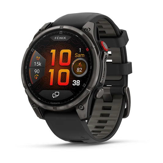 Montre GPS Garmin fēnix® 8 Pro – 47 mm, AMOLED Sapphire, Titane Carbon Gray DLC avec bracelet en silicone noir/gris galet