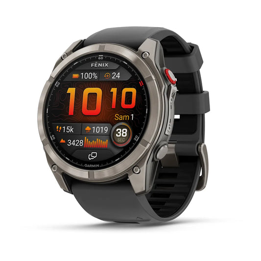 Montre GPS Garmin fēnix® 8 Pro – 51 mm, AMOLED Sapphire, Titane Carbon Gray DLC avec bracelet en silicone noir/gris galet (Copie)