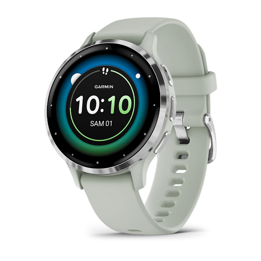 Montre de Sport Garmin Venu 3S boîtier  acier inoxydable et bracelet en silicone vert sauge