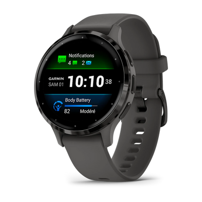 Montre de Sport Garmin Venu 3S boîtier acier inoxydable gris foncé et bracelet en silicone gris foncé