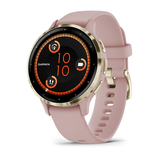 Montre de Sport Garmin Venu 3S boîtier acier inoxydable Soft Gold avec boîtier et bracelet en silicone rose poudré