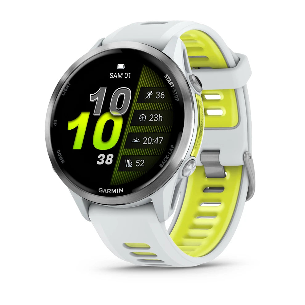 Forerunner® 970 Titane Silver, boîtier blanc et bracelet blanc/jaune translucide