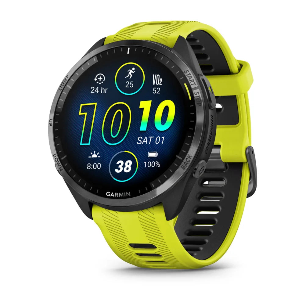 Forerunner® 965 noire avec lunette en titane et bracelet en silicone jaune vif/noir