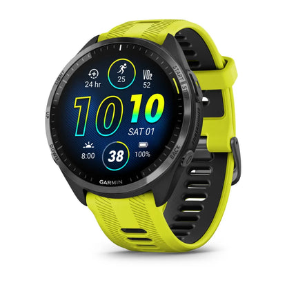 Forerunner® 965 noire avec lunette en titane et bracelet en silicone jaune vif/noir