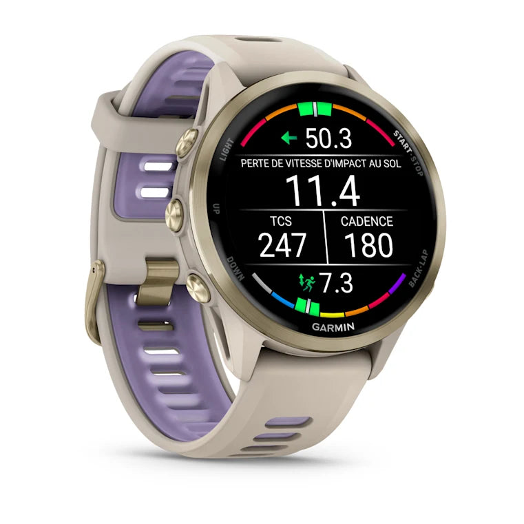 Forerunner® 970 Titane Soft Gold, boîtier lin et bracelet lin/violet translucide