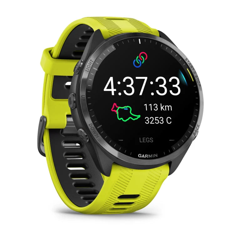 Forerunner® 965 noire avec lunette en titane et bracelet en silicone jaune vif/noir