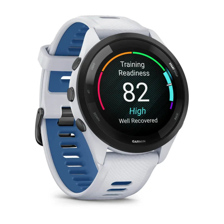 Forerunner® 265 blanche avec bracelet en silicone blanc/bleu